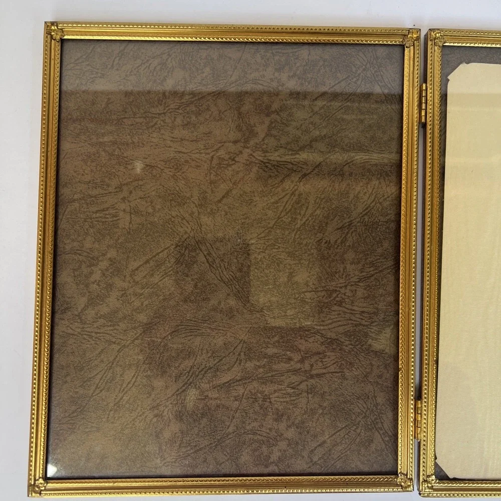 VTG Gold Tone Brass Bi Fold Double Hinged Picture Frame Holds Two 8x10 Photos